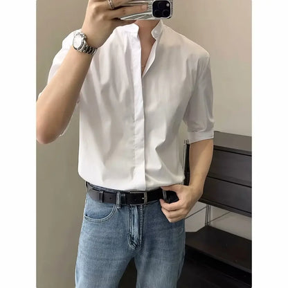 Summer Stand-Collar Ice Silk Shirt – Lightweight, Smooth Fit for Effortless Style and Cool Confidence