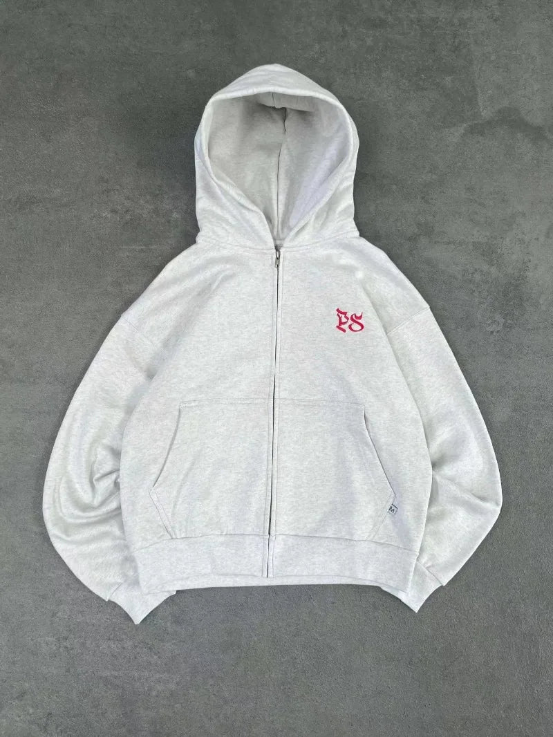 American retro casual letter oversized hoodie men's Y2k clothing loose Harajuku zipper long sleeved sweatshirt for couples
