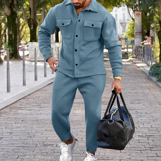 Men's casual overalls jacket and pants suit for fall/winter outdoor vacation American style men's fashion suede 2 piece set - Ellianto fashion Men's