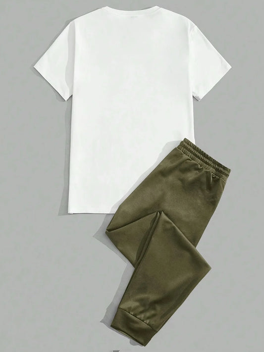 Set 2025 Simple Casual Men's T-shirt Short-sleeved Suit And Pants Fashion Eagle Print Pattern Sports And Leisure Two-piece Set - Ellianto fashion Men's
