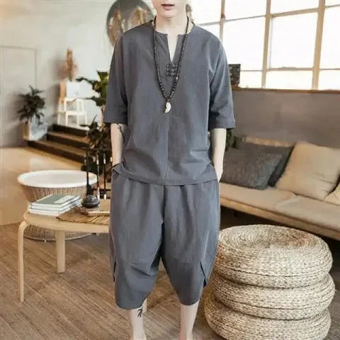 New Summer Linen Set Men's Chinese Style T-shirt Short Sleeve Two-piece Loose Seven Pants Set Male Comfortable Breathable - Ellianto fashion Men's