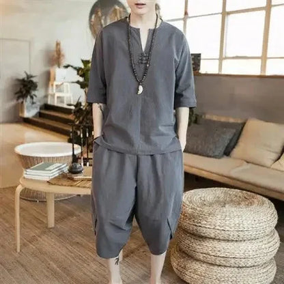 New Summer Linen Set Men's Chinese Style T-shirt Short Sleeve Two-piece Loose Seven Pants Set Male Comfortable Breathable - Ellianto fashion Men's
