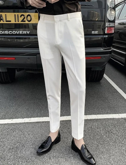 2025 Tressed Male Suit Trousers White Slim Fit Men's Summer Pants Straight 2024 Luxury Formal Work Wear New In Fabric Elegant Luxury - Ellianto fashion Men's