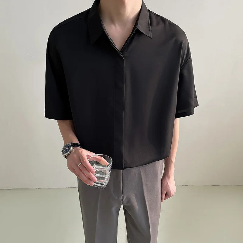 ort Sve Ice Silk irt Men's Casual Drapey Pure Color No Ironing Required Summer Faionable Youthful Stand Fit irt - Ellianto fashion Men's