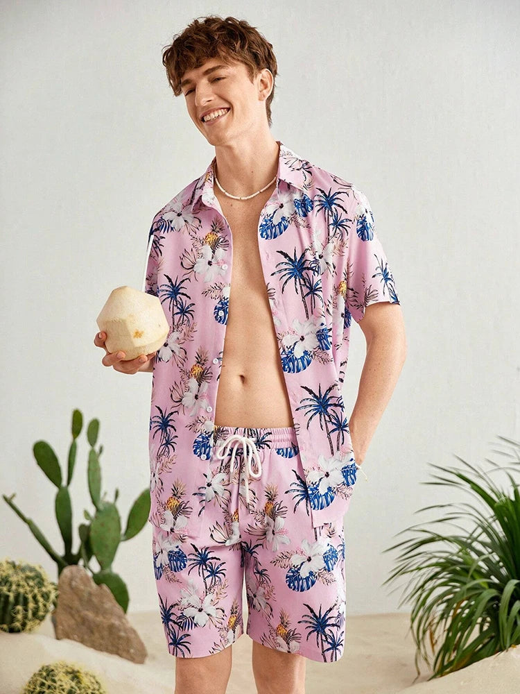 Hawaii Shirt Set Mens Yellow Duck Print Fashion Pattern Summer Fashion Casual Daily Large Button Down Shirt Shorts Two Piece Set - Ellianto fashion Men's