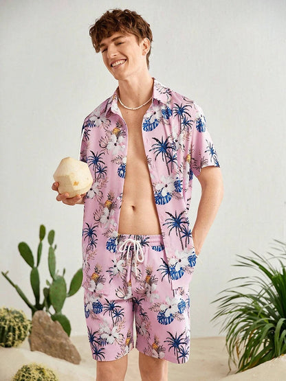 Hawaii Shirt Set Mens Yellow Duck Print Fashion Pattern Summer Fashion Casual Daily Large Button Down Shirt Shorts Two Piece Set - Ellianto fashion Men's
