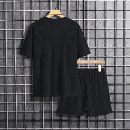 New men's sporty solid-color round-neck pullover vertical striped T-shirt, shorts and short sleeves two-piece casual set 2025 - Ellianto fashion Men's