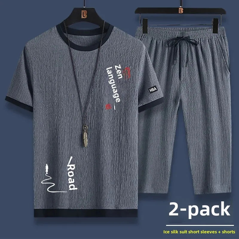 Ice Silk Summer Casual Sports Suit Men's Short Sleeve T-Shirt Shorts Set Fashionable Two-Piece Set for Men Comfortable Breathabl - Ellianto fashion Men's
