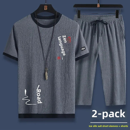 Ice Silk Summer Casual Sports Suit Men's Short Sleeve T-Shirt Shorts Set Fashionable Two-Piece Set for Men Comfortable Breathabl - Ellianto fashion Men's