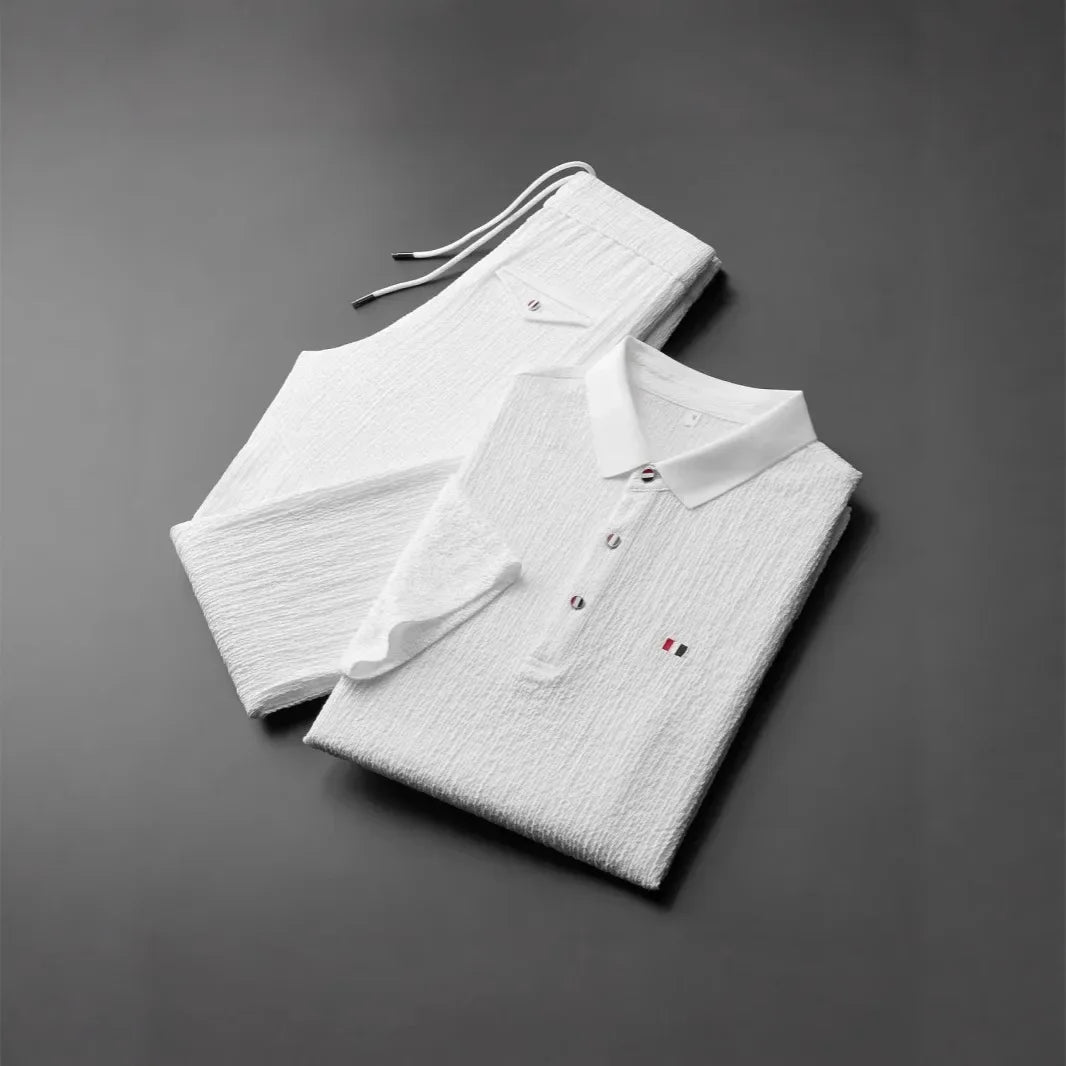 Summer Men's Casual Thin Polo Collar Two-Piece Suit Set Fashionable Flip Collar Male Clothing Full Set Integrated Ensemble - Ellianto fashion Men's