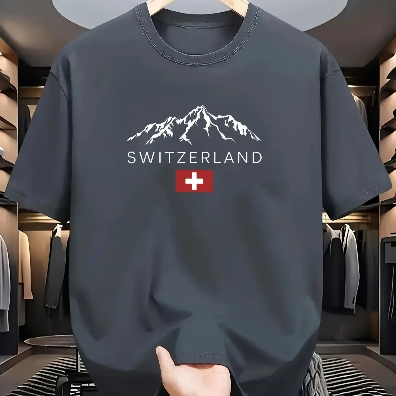 2025 New European Men's Summer 100% Pure Cotton Fashionable Casual Sporty Swiss mountain Pattern Printed round-neck short-sleeve - Ellianto fashion Men's