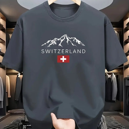 2025 New European Men's Summer 100% Pure Cotton Fashionable Casual Sporty Swiss mountain Pattern Printed round-neck short-sleeve - Ellianto fashion Men's