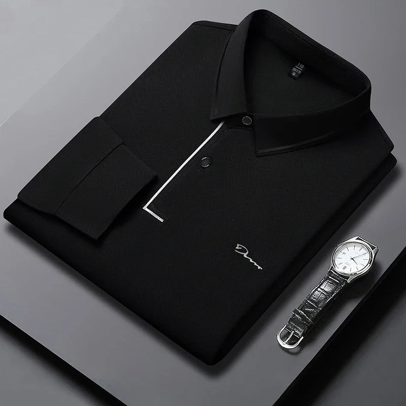 New Men's Business Casual Long Sleeved Shirt with Badge Solid Color Polo Shirt Fashionable Breathable Comfortable Versatile Top - Ellianto fashion Men's