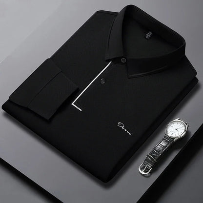 New Men's Business Casual Long Sleeved Shirt with Badge Solid Color Polo Shirt Fashionable Breathable Comfortable Versatile Top - Ellianto fashion Men's