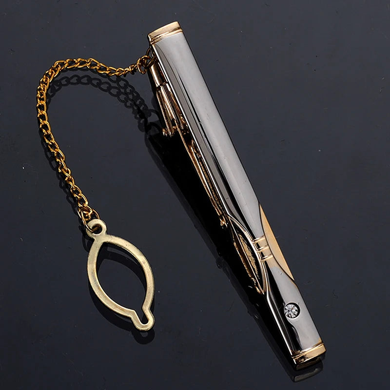 New Metal Gold Color Tie Clip With Chain For Men Wedding Necktie Tie Clasp Clip Gentleman Ties Bar Tie Pin For Men's Accessories - Ellianto fashion Men's