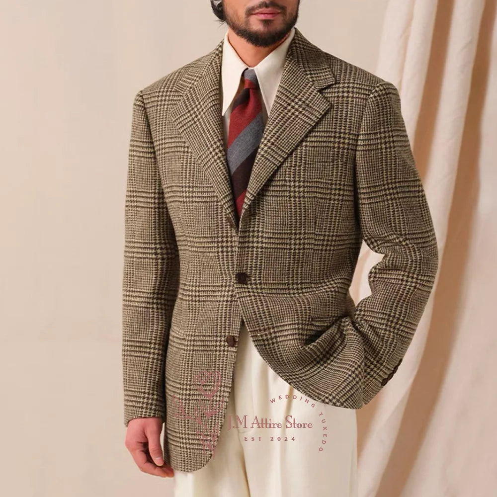 Men's suit houndstooth stripes brown notch lapel casual jacket for wedding ball party formal event birthday gift, custom tuxedo - Ellianto fashion Men's