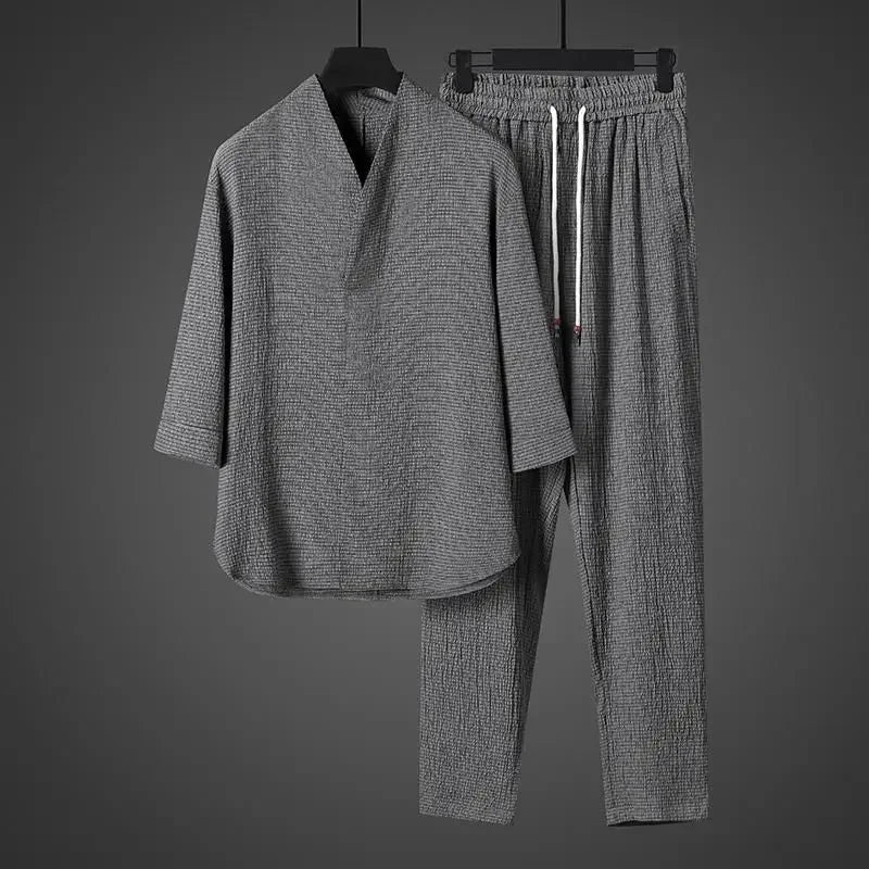 Ice Silk Loose Fit Short Sleeve Men's T-Shirt Set Chinese Style Summer Lightweight Big Size Tang Suit Two Piece Set - Ellianto fashion Men's