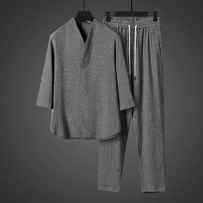 Ice Silk Loose Fit Short Sleeve Men's T-Shirt Set Chinese Style Summer Lightweight Big Size Tang Suit Two Piece Set - Ellianto fashion Men's
