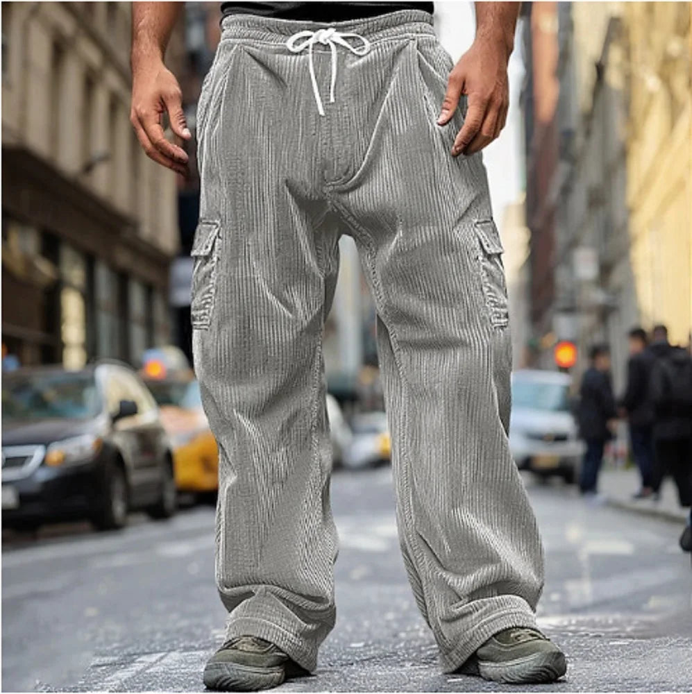 Autumn Casual Corduroy Pants Men's Long Pants Solid Color Drawstring Casual Breathable Wide-leg Multi-pocket Straight Pants - Ellianto fashion Men's