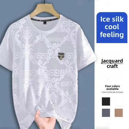 Summer Casual High Density Embroidery Ice Silk Short Sleeve T-Shirt Men's Thin Stylish Lightweight Breathable round Neck Top