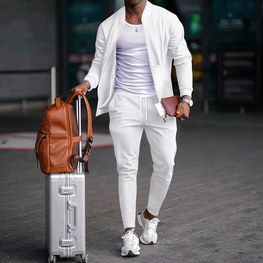 Set Autumnwinter men's casual blazer set new fashion Waffle baseball suit round neck pocket zipper long sleeve trousers two-piece se - Ellianto fashion Men's