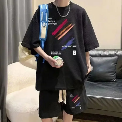 Trendy Casual Short Sleeve Men's T-Shirt Set Plus Sizes Checked Design Youth Trunks 2-Piece Set For Summer - Ellianto fashion Men's