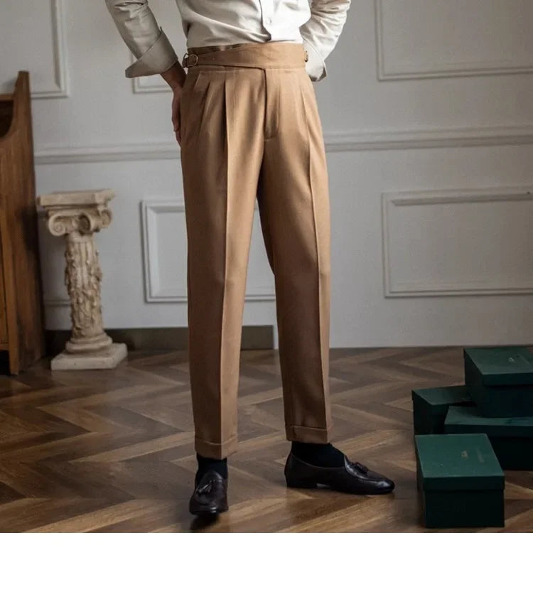 High Waist Straight Leg Casual Men's Trousers Italian Neapolitan Style Versatile Long Pants British Retro Suiting - Ellianto fashion Men's