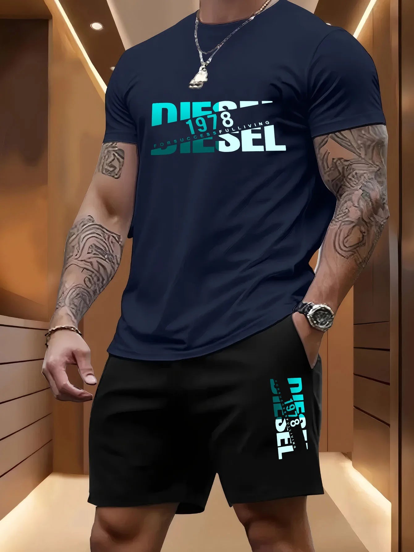 Set Summer men's casual two-piece set round-neck short-sleeved T-shirt and sports shorts for outdoor activities - Ellianto fashion Men's
