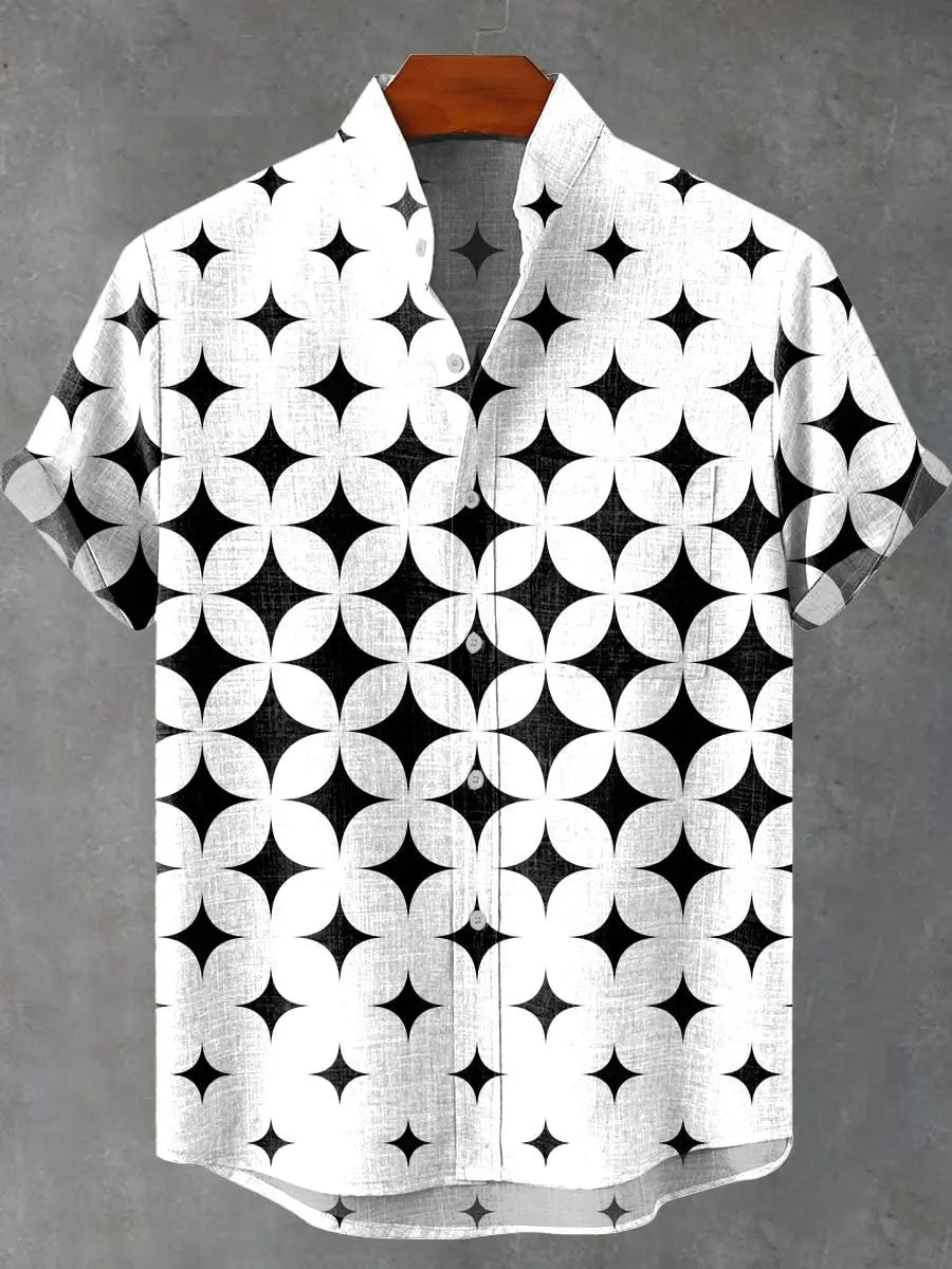 2025 Men's New Hot Selling Cool Checkered Pattern Printed Summer Comfortable Linen Short sleeved Shirt Men's Casual Button Top - Ellianto fashion Men's
