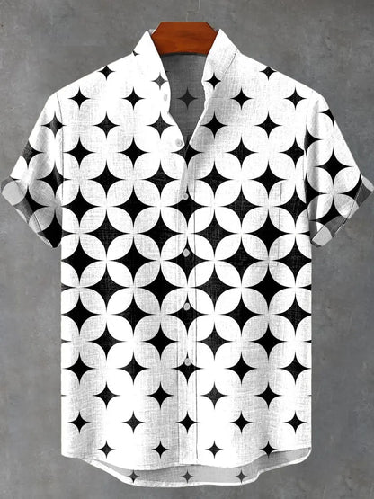 2025 Men's New Hot Selling Cool Checkered Pattern Printed Summer Comfortable Linen Short sleeved Shirt Men's Casual Button Top - Ellianto fashion Men's