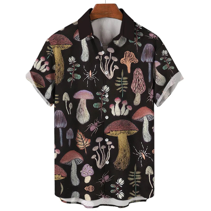 Mushroom 3D Printed Shirts For Men Clothes Cartoon Harajuku Fashion Agaricus Campestris Graphic Blouses Hawaiian Y2k Beach Tops - Ellianto fashion Men's