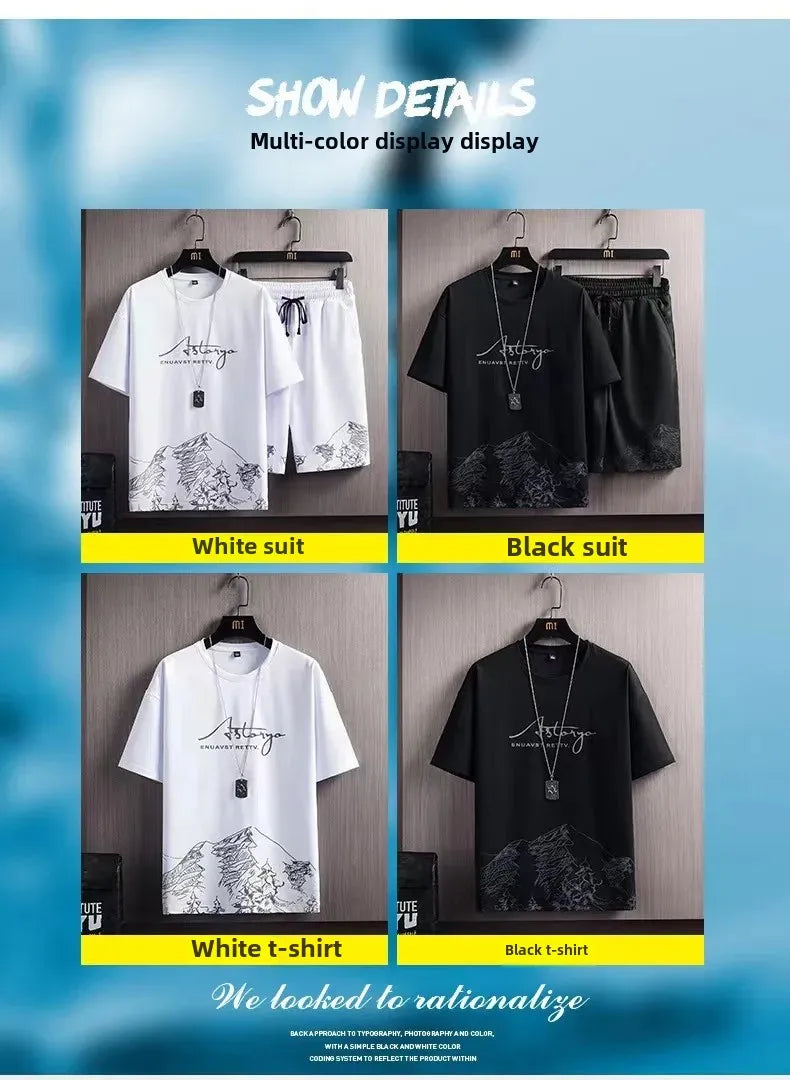 Men's Ice Silk Short Sleeve T-Shirt Suit Summer New Digital Printing Fashionable Korean Style Slims Smooths Your Silhouette Spor - Ellianto fashion Men's