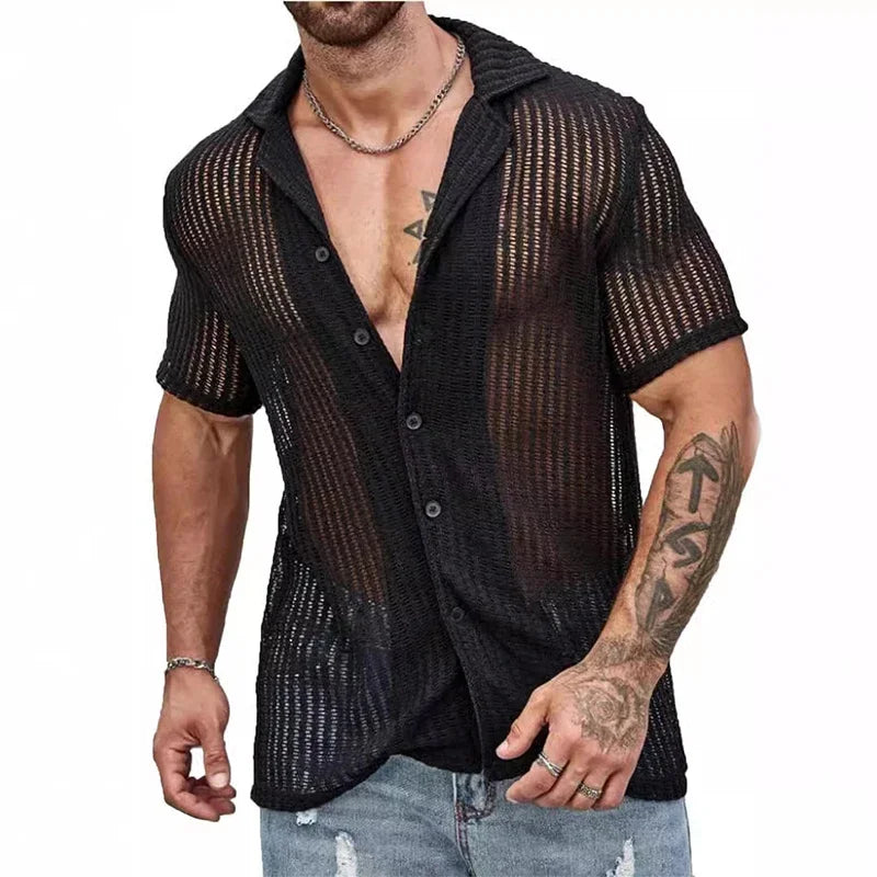 Sexy Hollow Out Breathable Knitted Shirt Men Summer Beach See Through Casual Shirts Mens Short Sleeve Button Solid Color Shirts - Ellianto fashion Men's