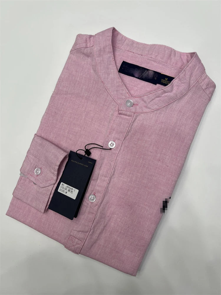 Spring Autumn Men's Linen Cotton Color Simple Embroidery Label Slim Long Sve irt Busin Casual Stand Collar irt - Ellianto fashion Men's