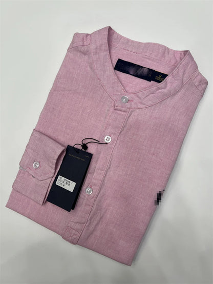 Spring Autumn Men's Linen Cotton Color Simple Embroidery Label Slim Long Sve irt Busin Casual Stand Collar irt - Ellianto fashion Men's