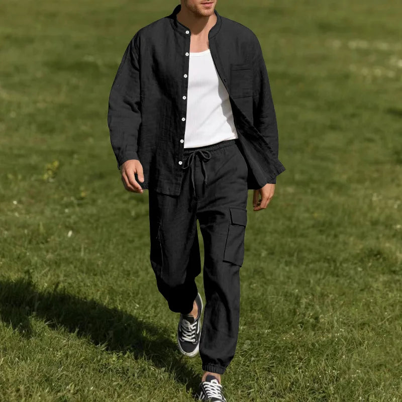 Spring and Summer Men's Linen Button Long Sleeved Shirt and Pants Set, Fashionable, Casual, Breathable, Quick Drying 2-Pie Set - Ellianto fashion Men's