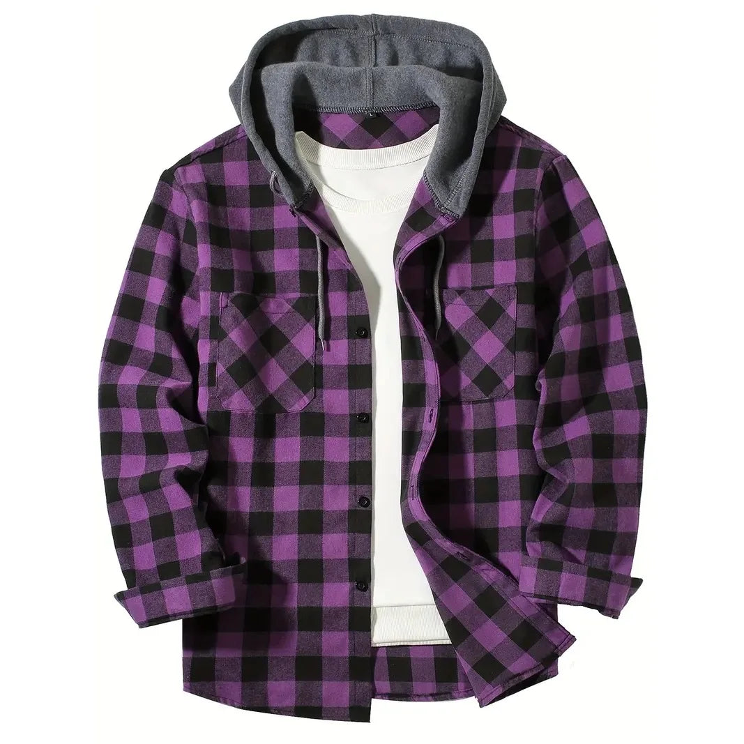 Men's Shirts Classic Plaid Casual Button Down Hooded Long Sleeved Double Pockets Shirt Hoodie Flannel Jacket Spring Autumn Tops - Ellianto fashion Men's