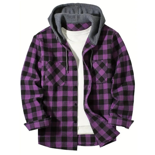Men's Shirts Classic Plaid Casual Button Down Hooded Long Sleeved Double Pockets Shirt Hoodie Flannel Jacket Spring Autumn Tops - Ellianto fashion Men's