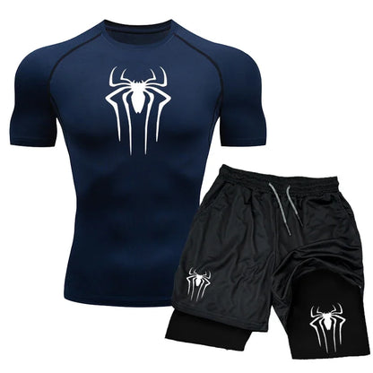 Men’s Spider-Print Compression Sports Set – Lightweight Quick-Dry Gym T-Shirt & Shorts for Effortless 2-Piece Training Comfort