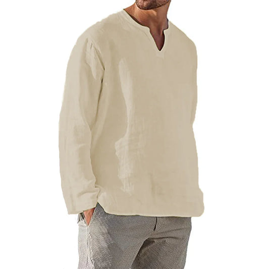 Men's Cotton Linen Shirt Cozy Solid Color Long Sleeve Breathable Tops V Neck Casual Blouse Hawaiian Shirt Lightweight Shirts - Ellianto fashion Men's