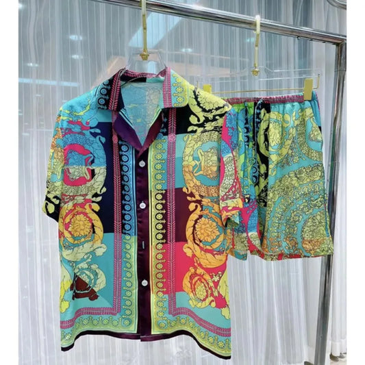 Set Hawaiian Shirt Set Summer Men Shirt 3d Print Vintage Silver Dragon Pattern Beach Short Sleeve Casual Shirt Oversize Beach Shorts - Ellianto fashion Men's
