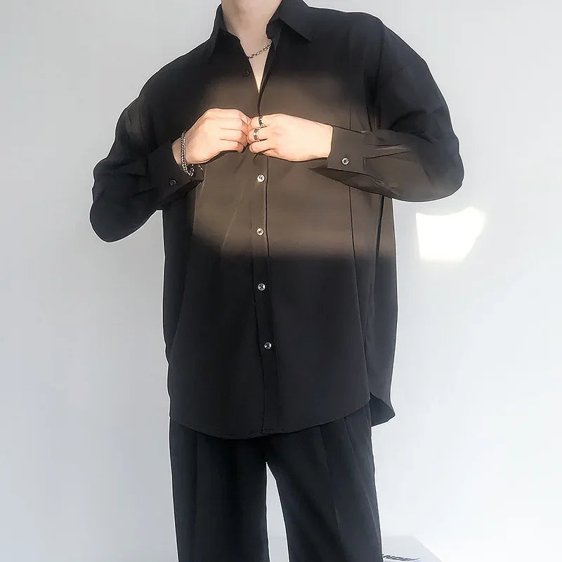 Niche Korean Inselegantvintagedraped Green White Shirt Men Women's Long Sleeve Casual Loose-fit Square Collar Shirt