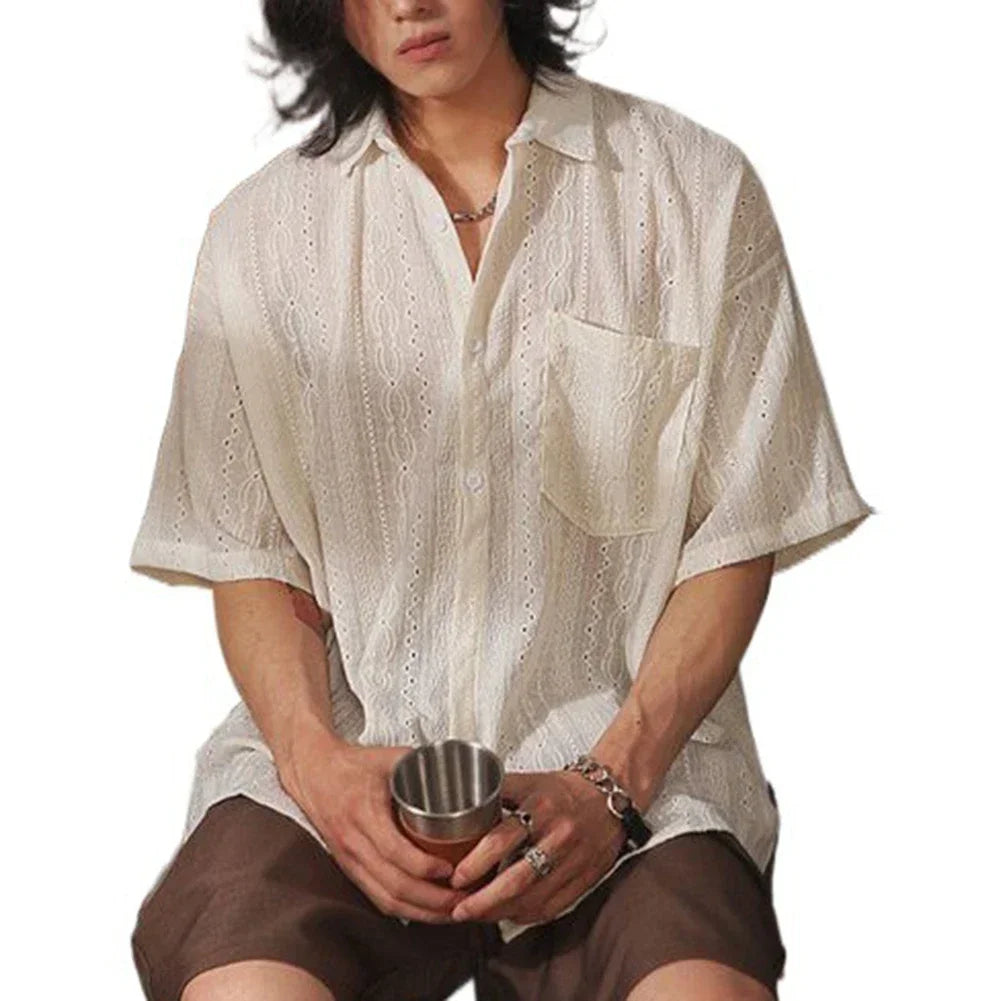2025 Men Casual Loose Hollow Out Short Sleeve Shirts with pockets Retro Fashion Vacation/Daily All-Match Tops Solid Color - Ellianto fashion Men's