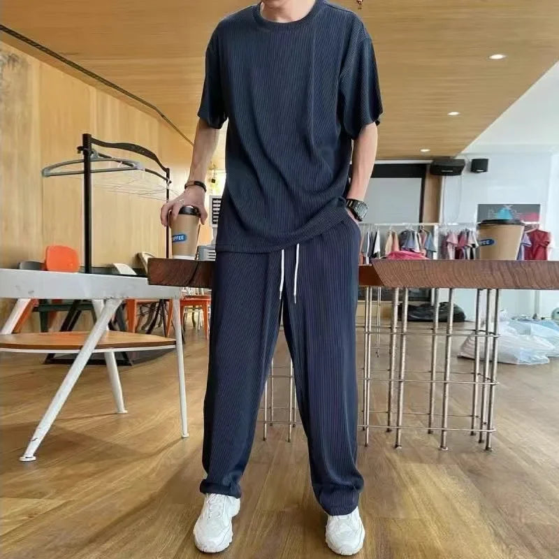 Casualsuit Ice Silk Sports Men's Summer Thin Short Sleeves T-shirt Quick Dry Long Pants Matching Half Sleeve Clothes Set - Ellianto fashion Men's
