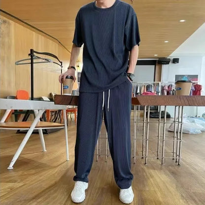 Casualsuit Ice Silk Sports Men's Summer Thin Short Sleeves T-shirt Quick Dry Long Pants Matching Half Sleeve Clothes Set - Ellianto fashion Men's