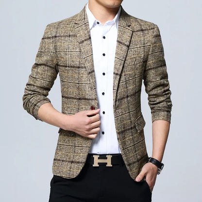 Slim Fit Plaid Men's Casual Suit Jacket Korean Style Spring Fashion Business Leisure Large Size Male Outerwear Coat - Ellianto fashion Men's