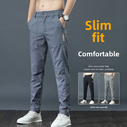 Men's Summer Thin Casual Pants Breathable Ice Silk Elastic Straight-leg Loose-fit Quick Dry Pants Trendy Versatile Long - Ellianto fashion Men's