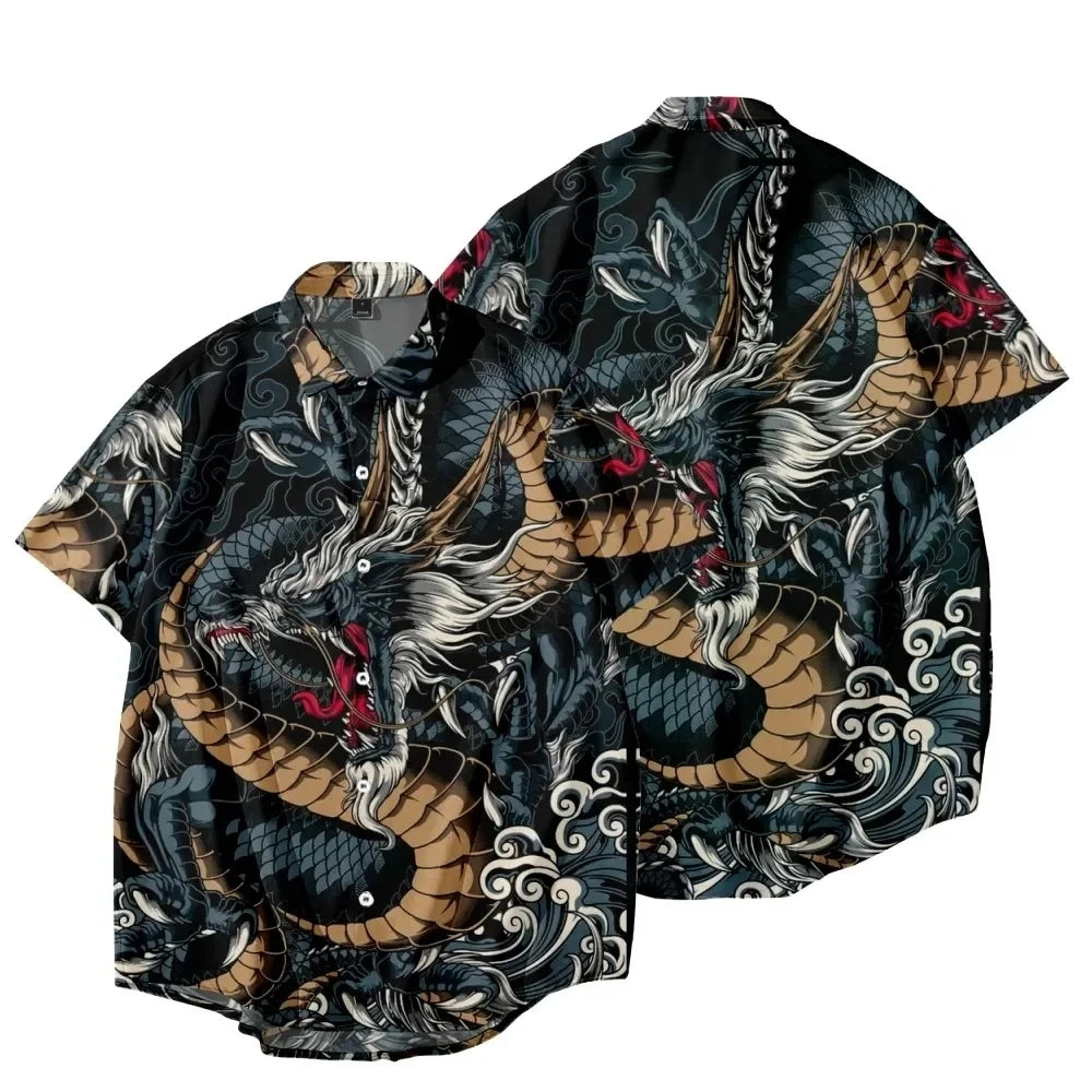 New Year Dragon Hawaiian Casual Men's Short Sleeve Shirt Y2k Vintage Top Breathable Camisas Casuais Blouse Man Clothing Society - Ellianto fashion Men's
