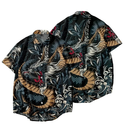 New Year Dragon Hawaiian Casual Men's Short Sleeve Shirt Y2k Vintage Top Breathable Camisas Casuais Blouse Man Clothing Society - Ellianto fashion Men's