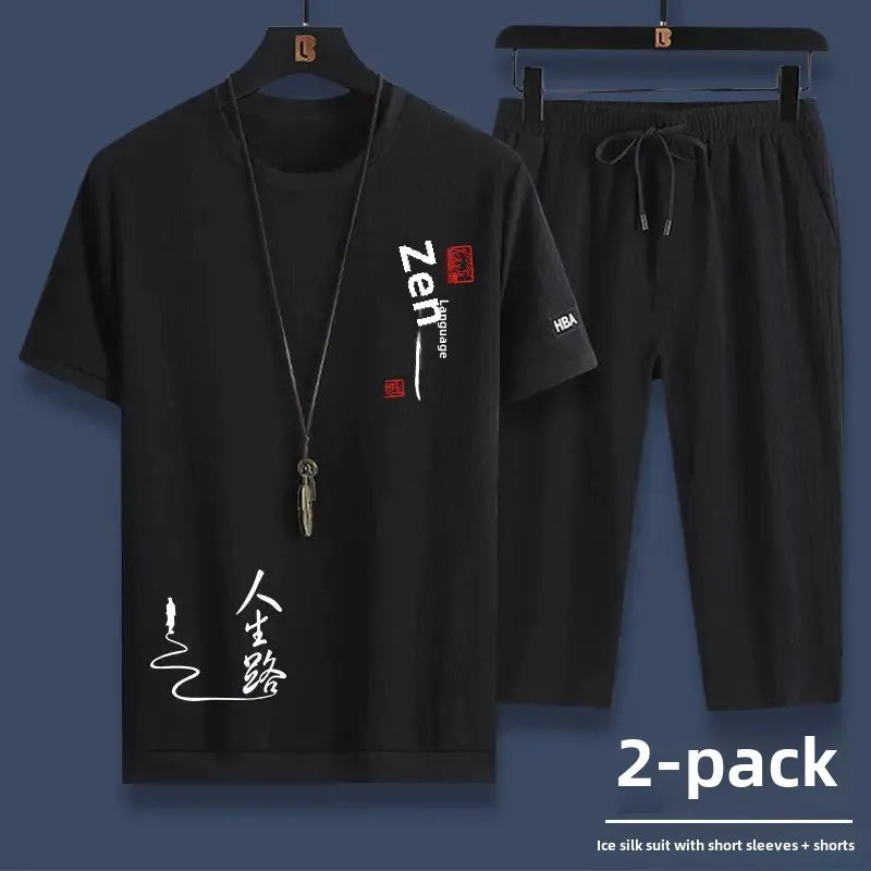 Ice Silk Summer Casual Sports Suit Men's Short Sleeve T-Shirt Shorts Set Fashionable Two-Piece Set for Men Comfortable Breathabl - Ellianto fashion Men's